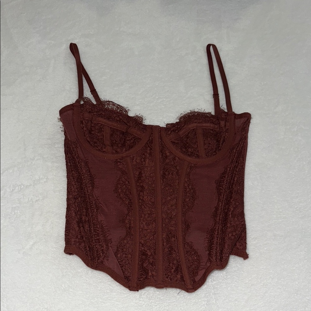 URBAN OUTFITTERS brown corset strappy cropped top with mesh and lace size S